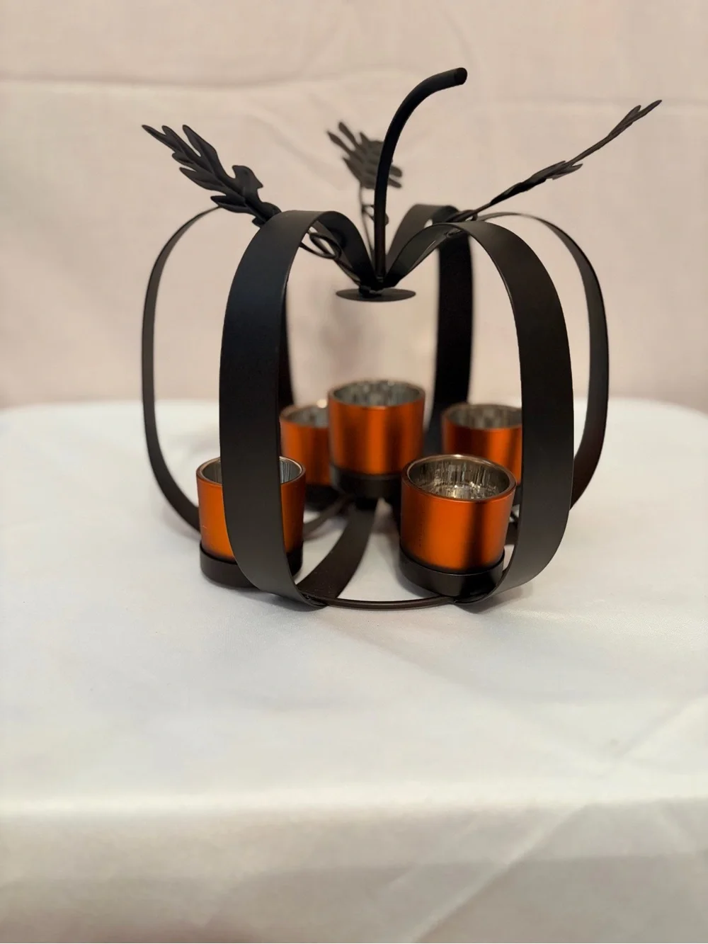Decorative Black Pumpkin Tea Light Holder with Orange Votives
